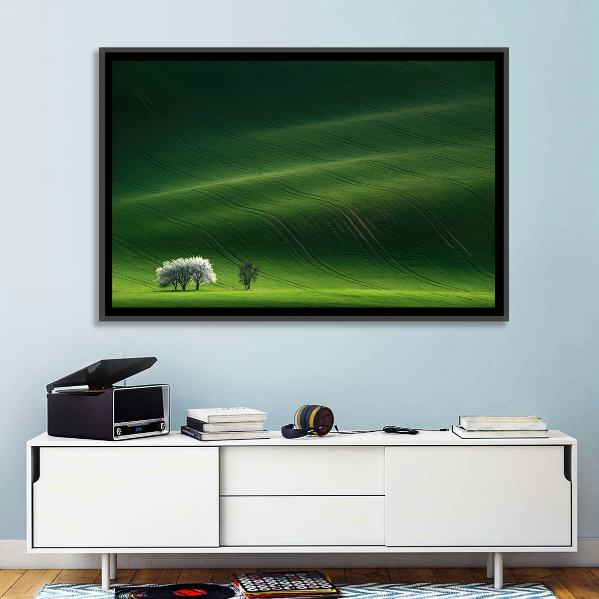 Emerald Hills with Blossoming Tree Wall Art in a room, landscape