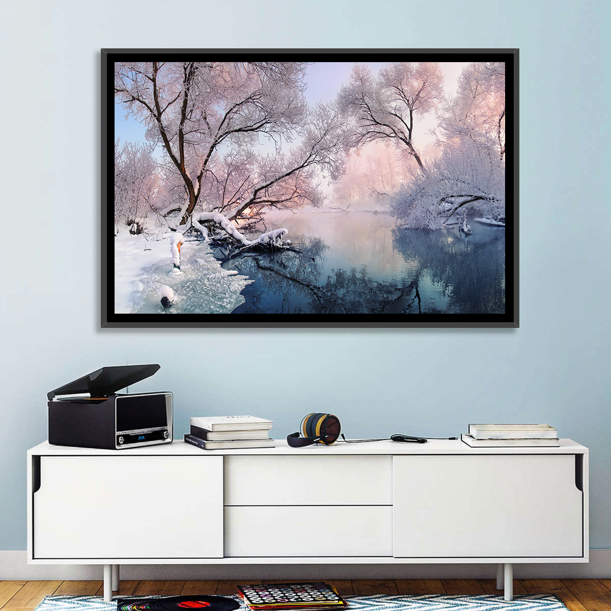 Snowy Lake Morning Mist Wall Art in a room, landscape