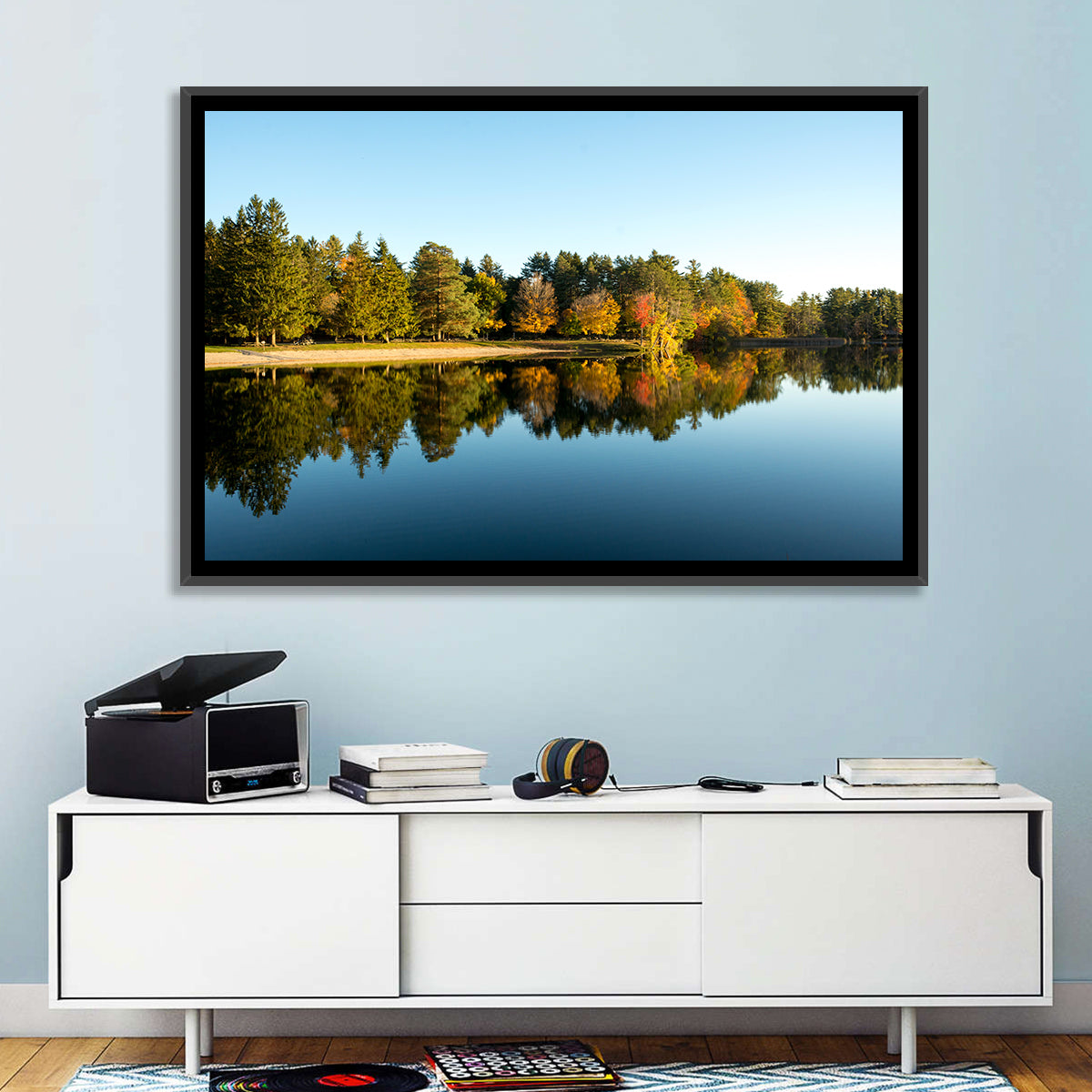 Lake Shaftsbury Autumn Reflection Wall Art in a room, landscape