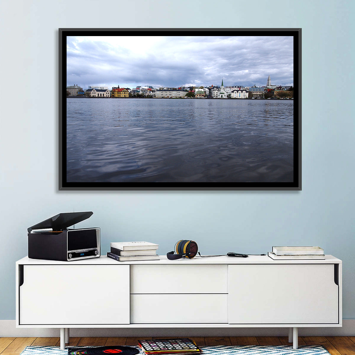 Tjörnin Reykjavik Skyline Wall Art in a room, landscape