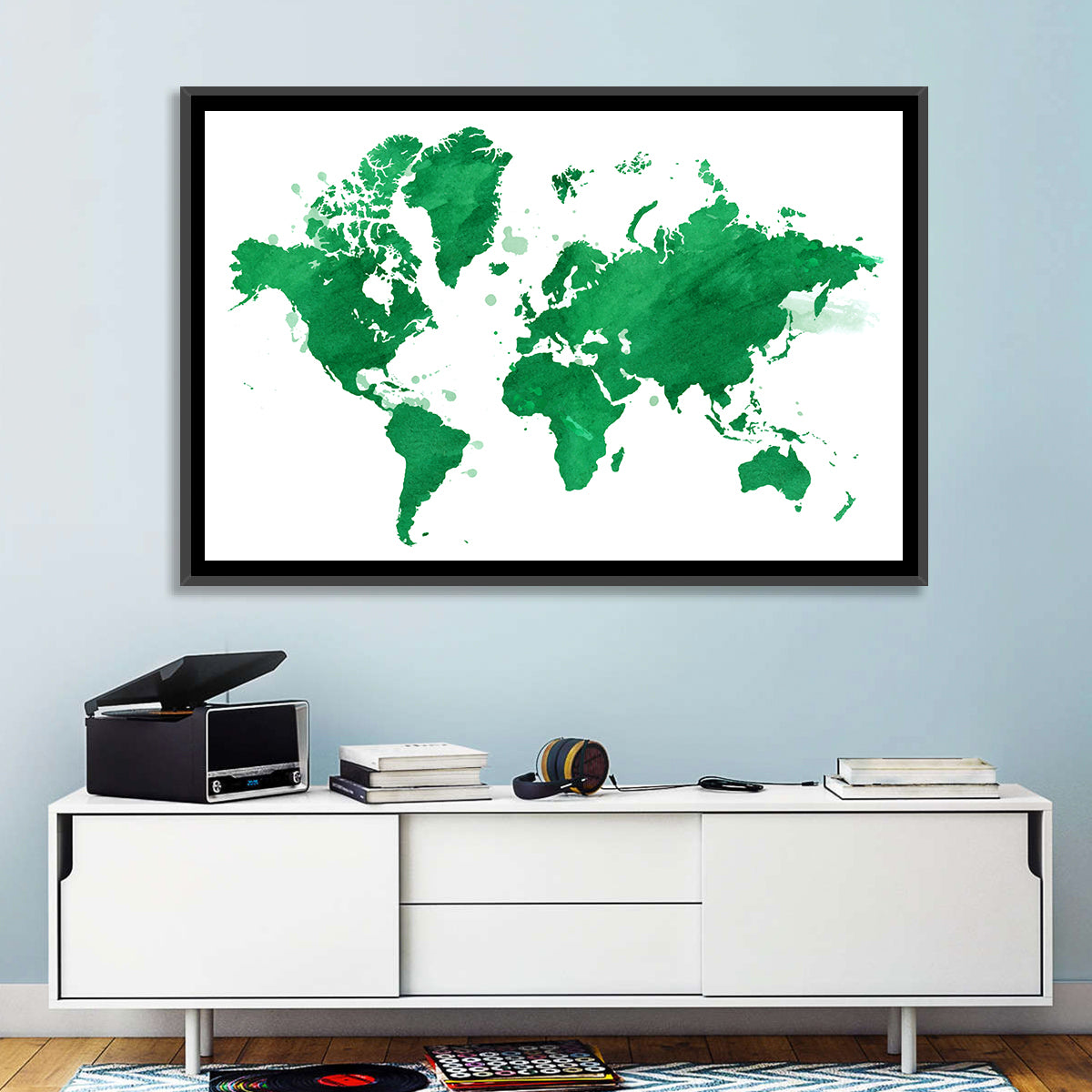 Green Watercolor World Map Wall Art