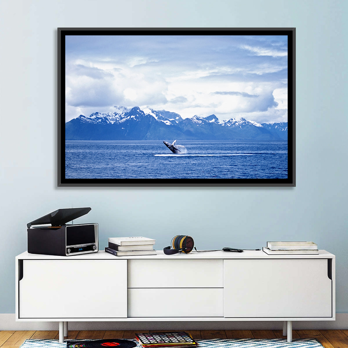 Humpback Whale with Snow Capped Mountains Wall Art in a room, landscape