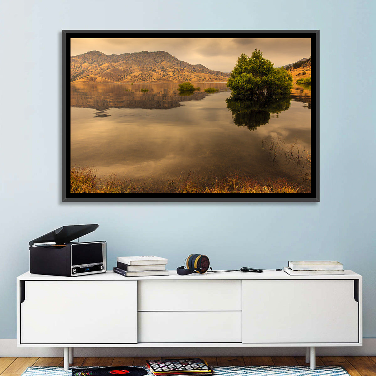 Lake Kaweah Golden Hour Reflection Wall Art in a room, landscape