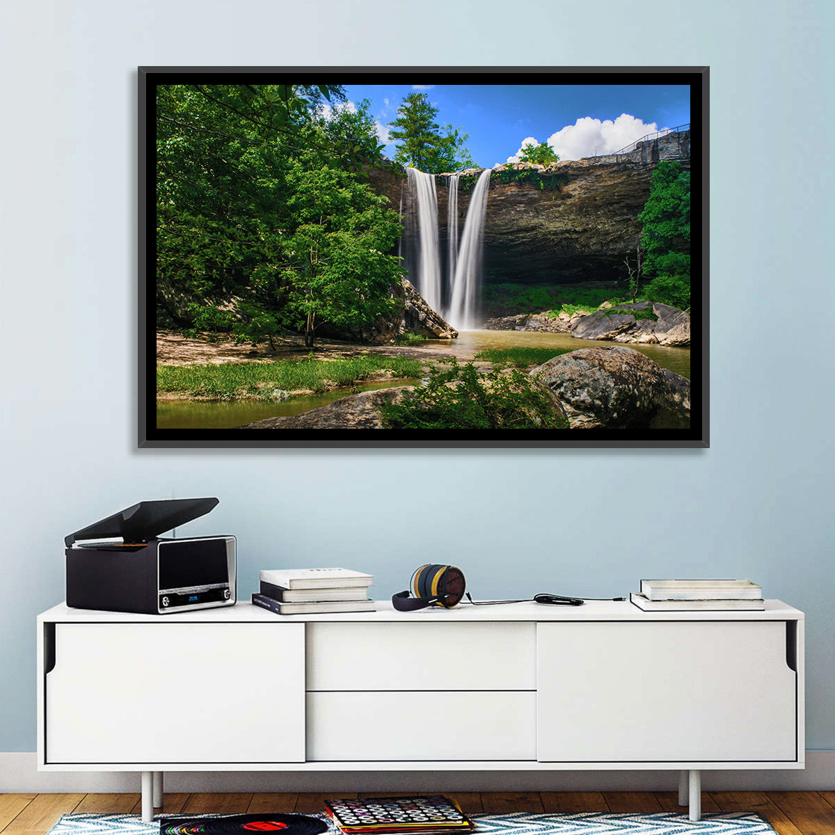 Noccalula Falls Waterfall in Daylight Wall Art in a room, landscape