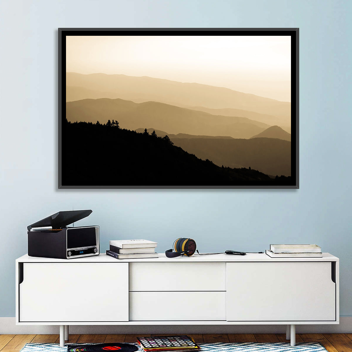 Foggy Mountain Sunset with Evergreen Silhouettes Wall Art in a room, landscape