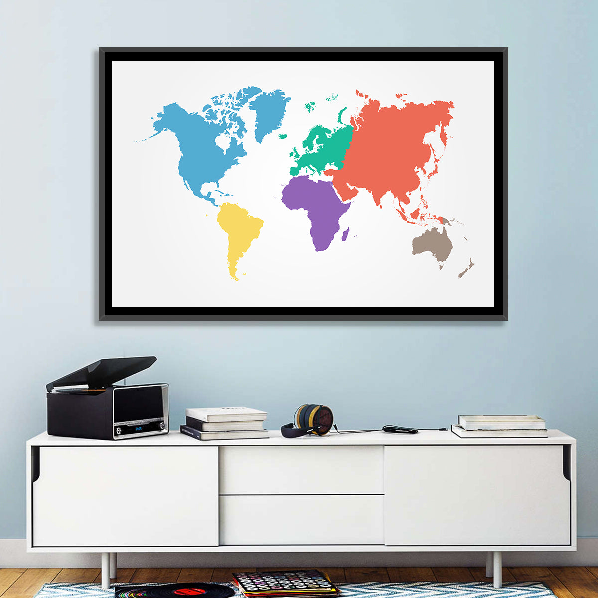 World Continents Map Wall Art in a room, landscape