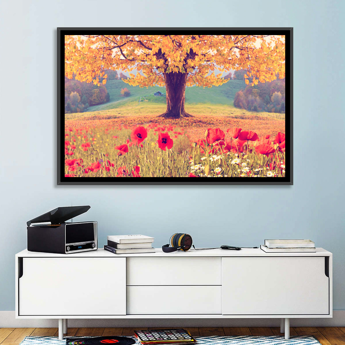 Autumn Tree and Poppy Field Wall Art in a room, landscape