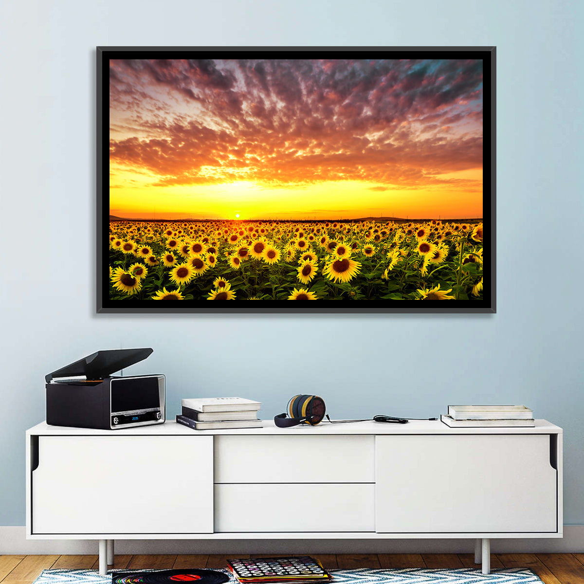 Golden Hour Sunflower Field Wall Art in a room, landscape