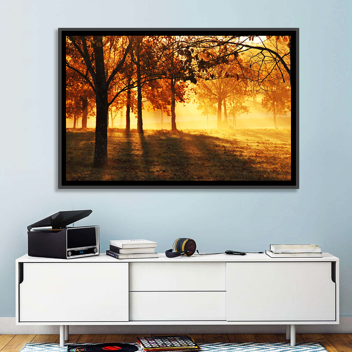 Autumn Sunbeams Through Fog Wall Art in a room, landscape