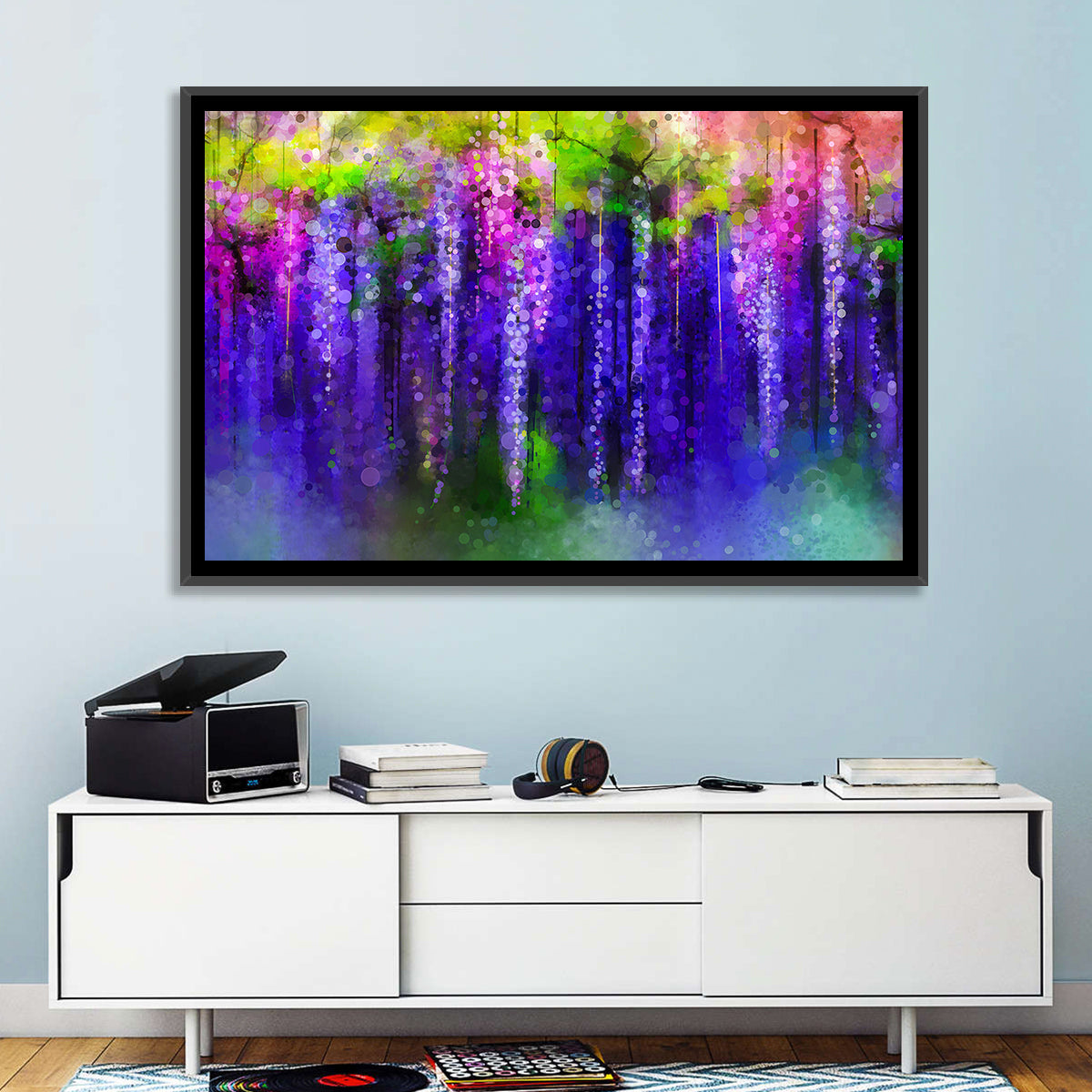 Dreamy Wisteria Vines Wall Art in a room, landscape
