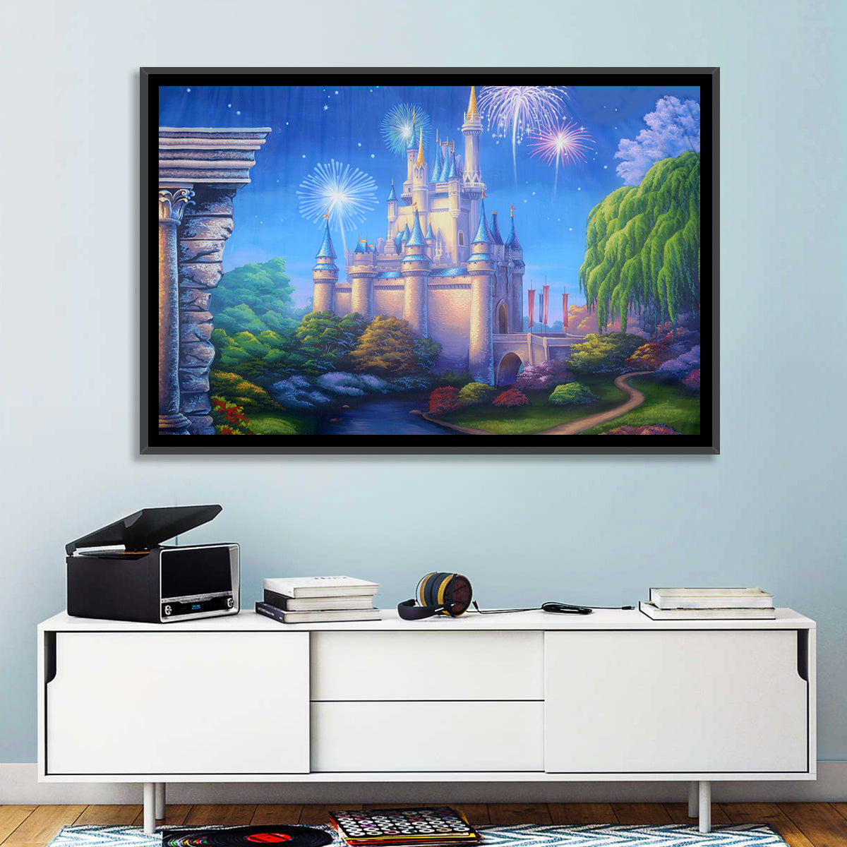 Cinderella Castle Fireworks Illustration Wall Art in a room, landscape