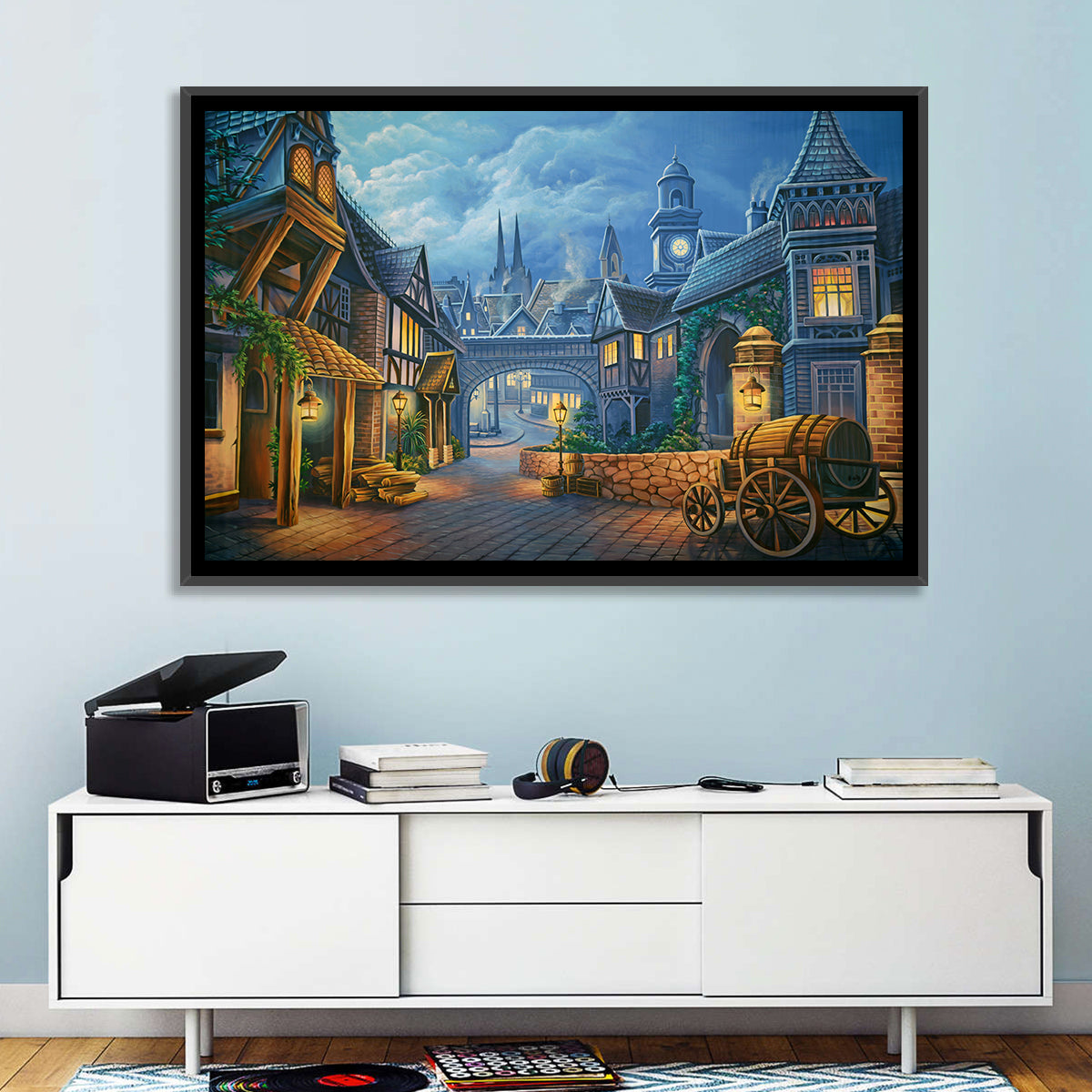 Victorian London Cobblestone Street Wall Art in a room, landscape