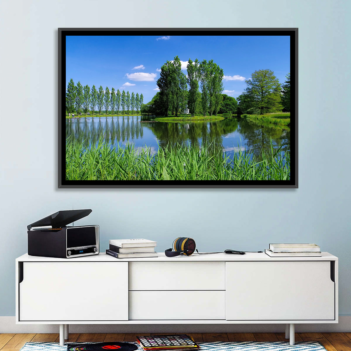 Woerlitz Rousseau Island Reflection Wall Art in a room, landscape