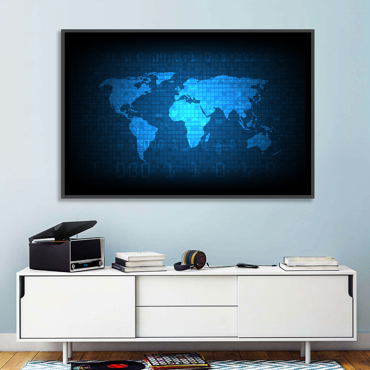 Binary Grid World Map Wall Art in a room, landscape