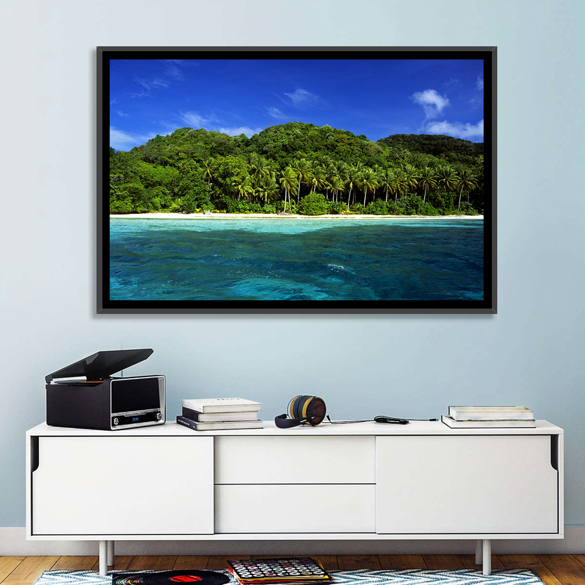 Turquoise Tropical Island Scene Wall Art in a room, landscape