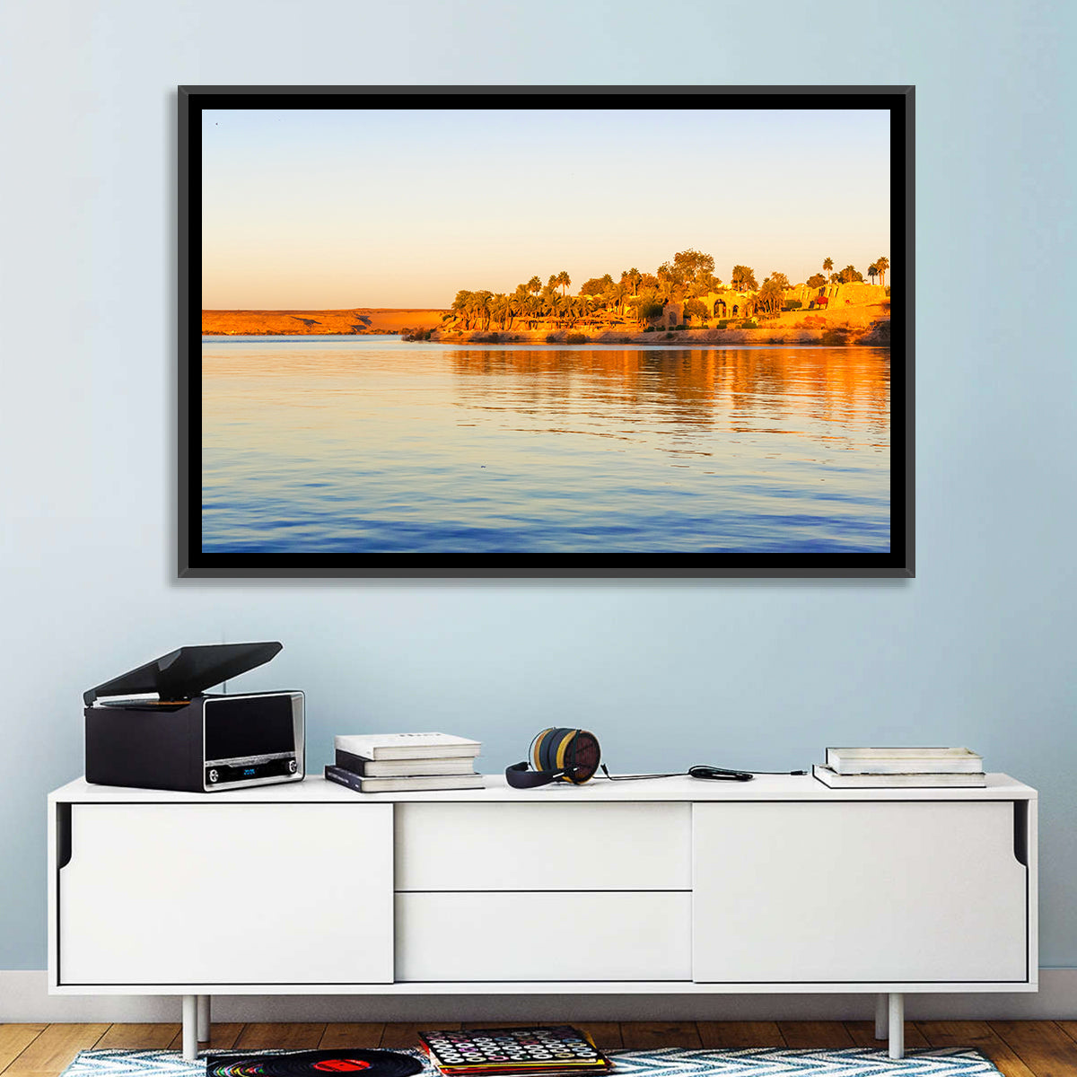 Lake Nasser Golden Hour Wall Art in a room, landscape