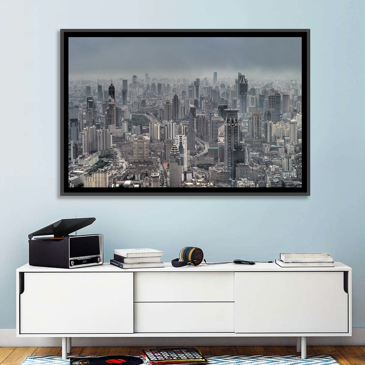Shanghai Layered Skyline Wall Art in a room, landscape