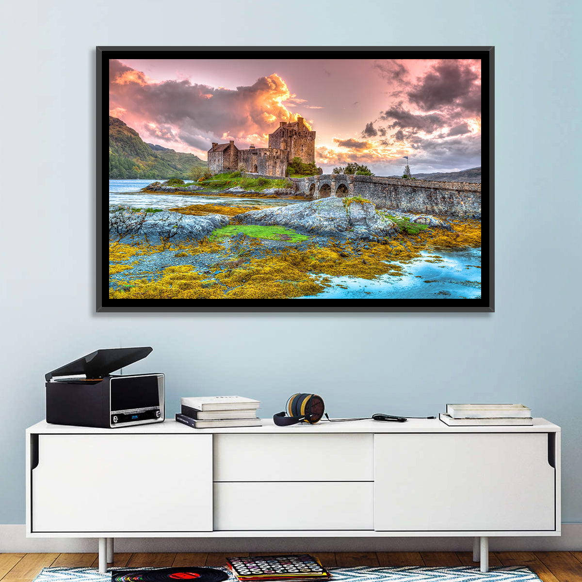 Eilean Donan Castle at Sunset Wall Art in a room, landscape