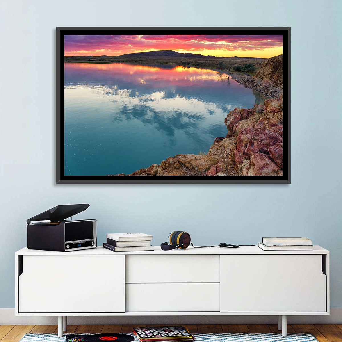 Lake Balkhash Sunset Reflection Wall Art in a room, landscape