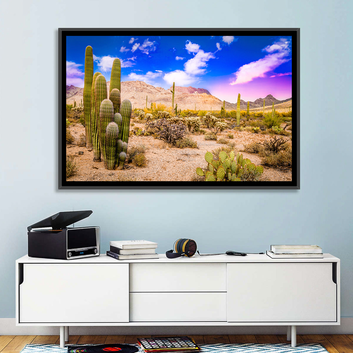Arizona Saguaro Sunset Wall Art in a room, landscape
