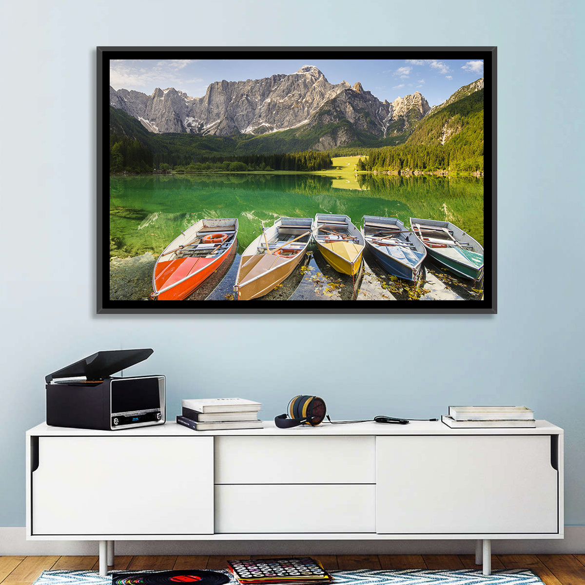 Five Boats at Lago Superiore Di Fusine Wall Art in a room, landscape