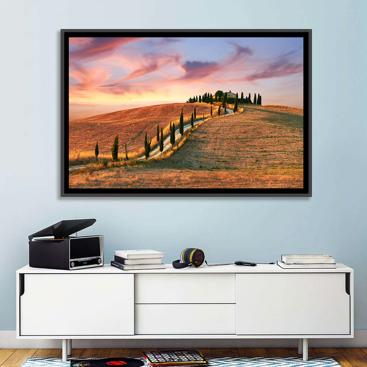 Tuscan Hilltop Road at Dusk Wall Art in a room, landscape