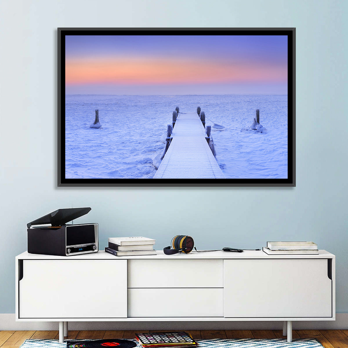 Frosted Jetty at Sunrise Wall Art in a room, landscape