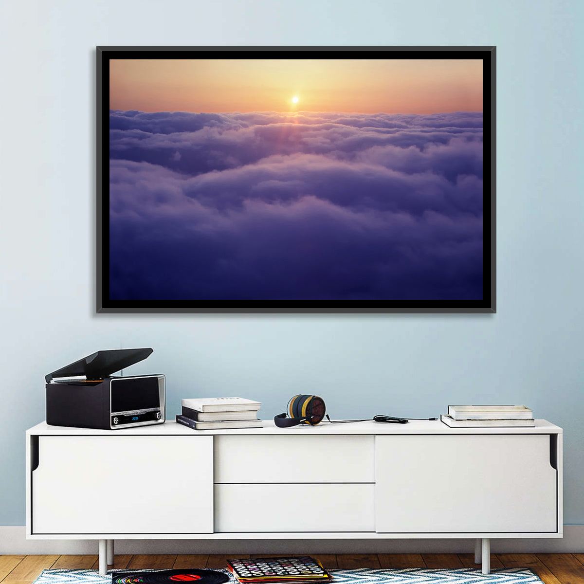 Sunset Over Endless Clouds Wall Art in a room, landscape