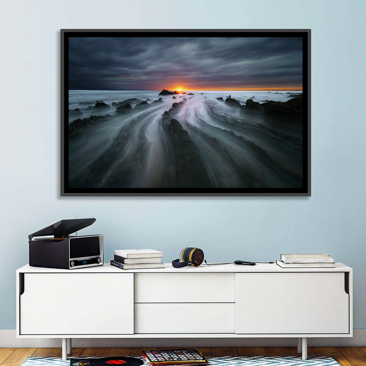 Barrika Beach Dusk Wall Art in a room, landscape