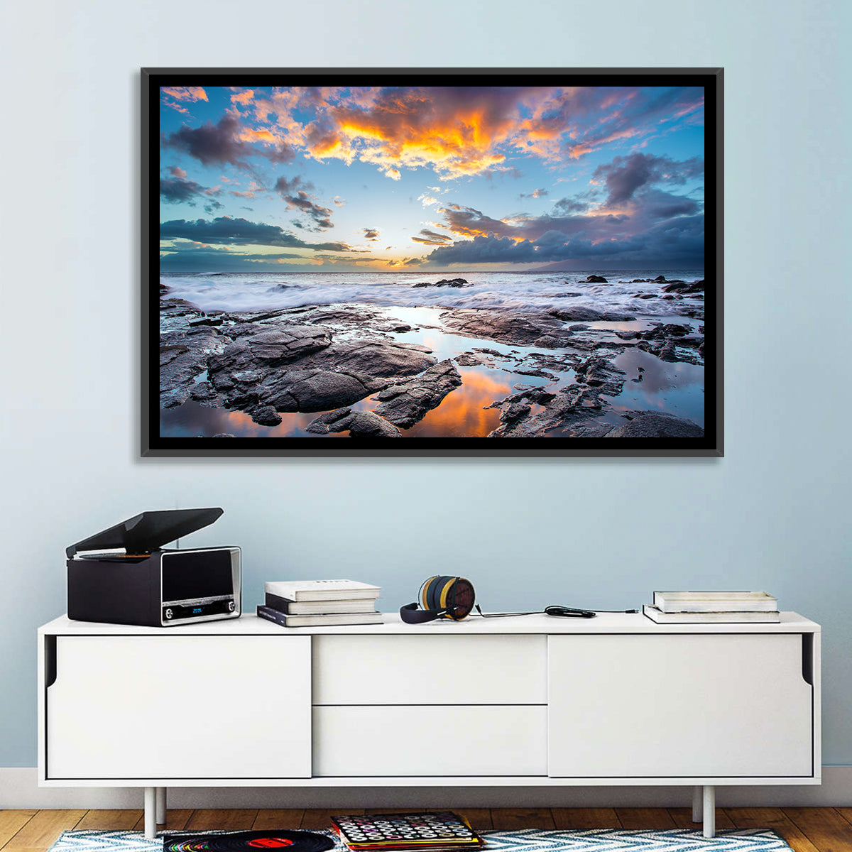 Sunset Over Volcanic Shore Wall Art in a room, landscape