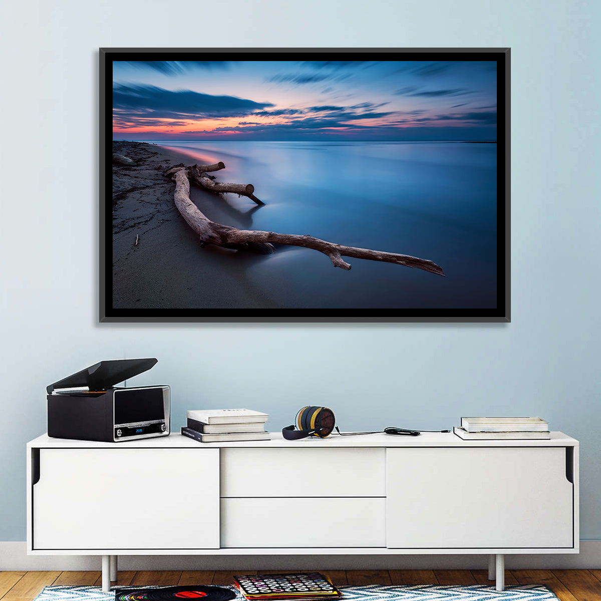 Calm Seascape at Dusk Wall Art in a room, landscape