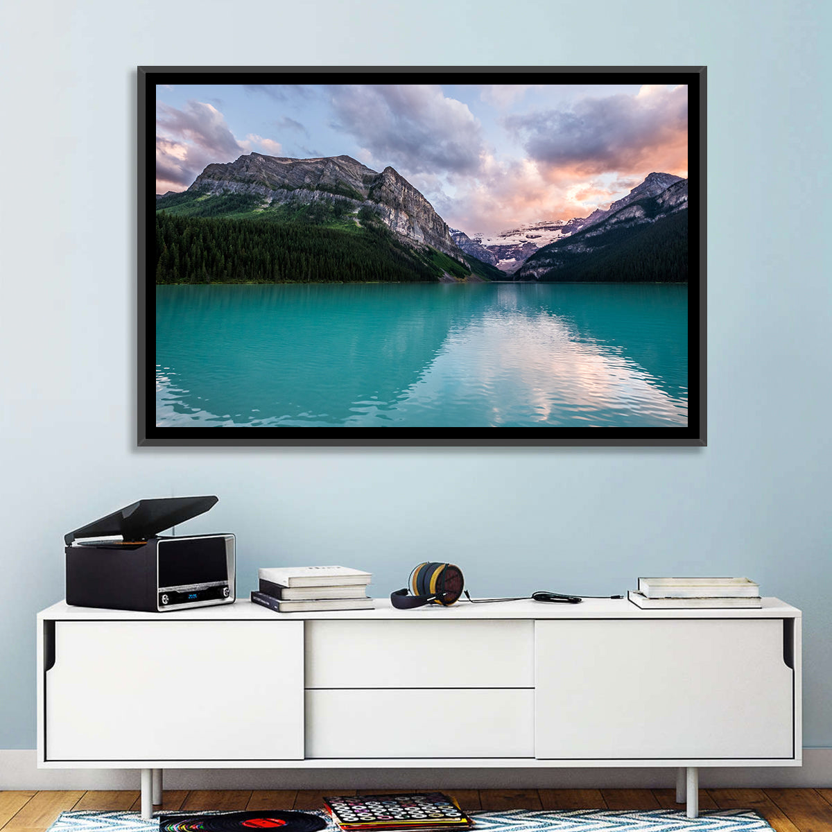 Turquoise Sunset at Lake Louise Wall Art in a room, landscape