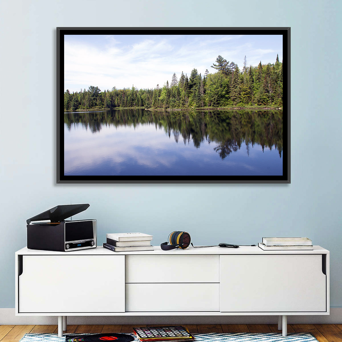 Peck Lake Shoreline Reflection Wall Art in a room, landscape