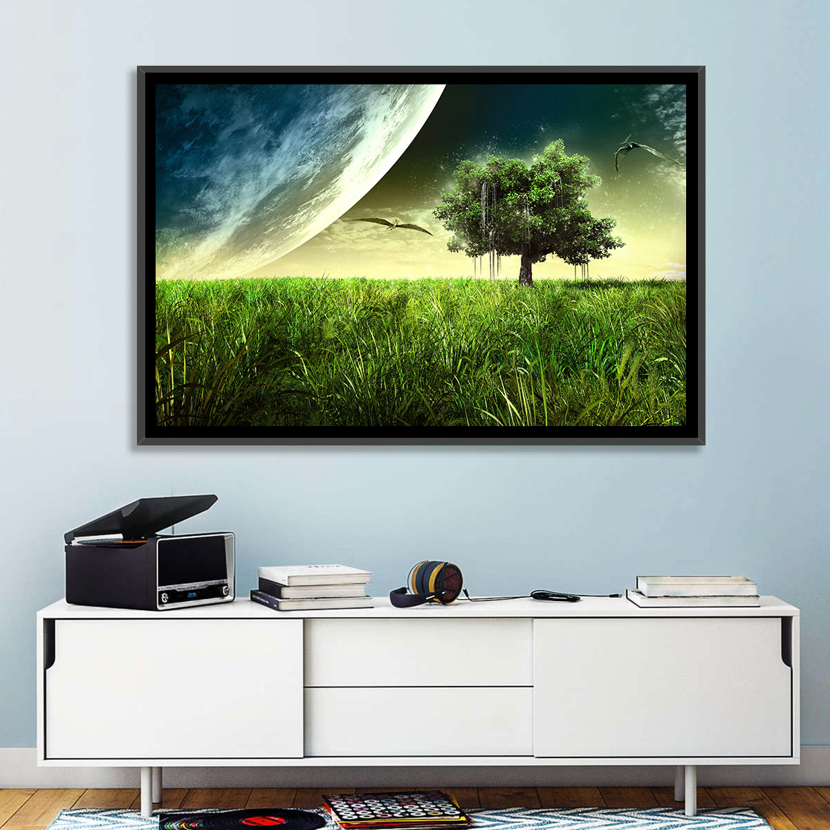 Alien Meadow Under a Giant Planet Wall Art in a room, landscape