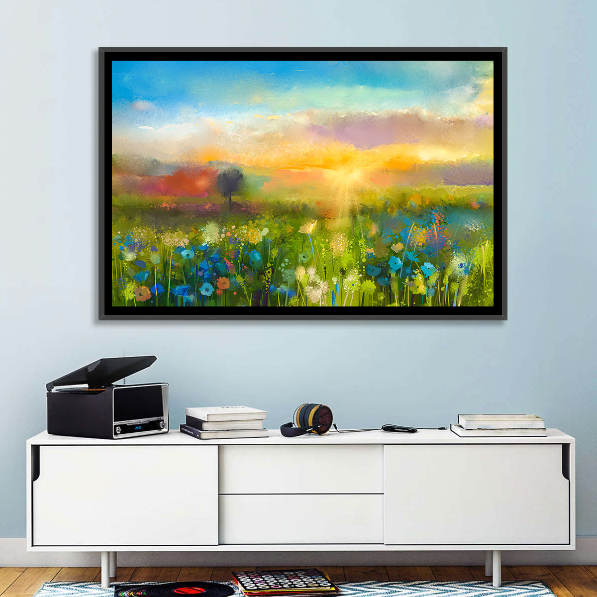 Sunset Wildflower Meadow Wall Art in a room, landscape
