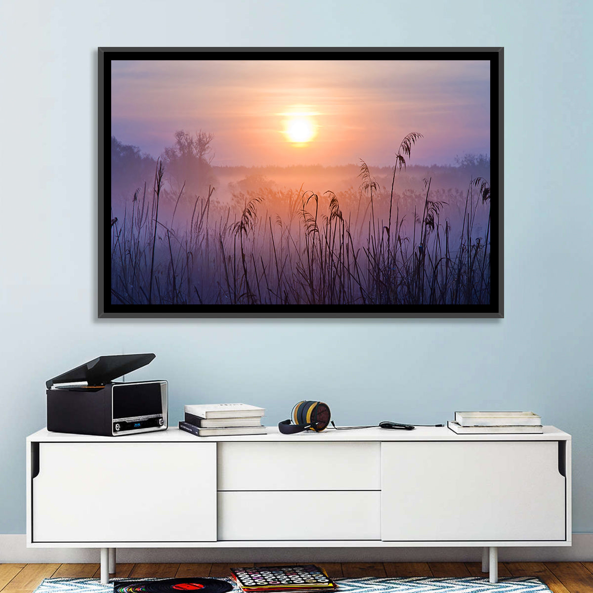 Lavender Sunrise Over Reeds Wall Art in a room, landscape