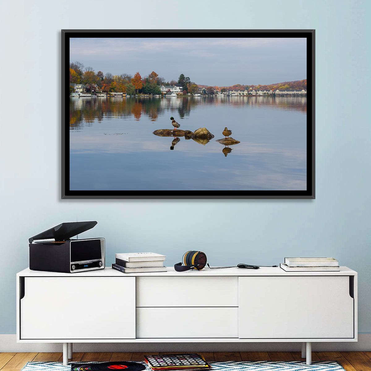 Lake Hopatcong Autumn Reflection Wall Art in a room, landscape
