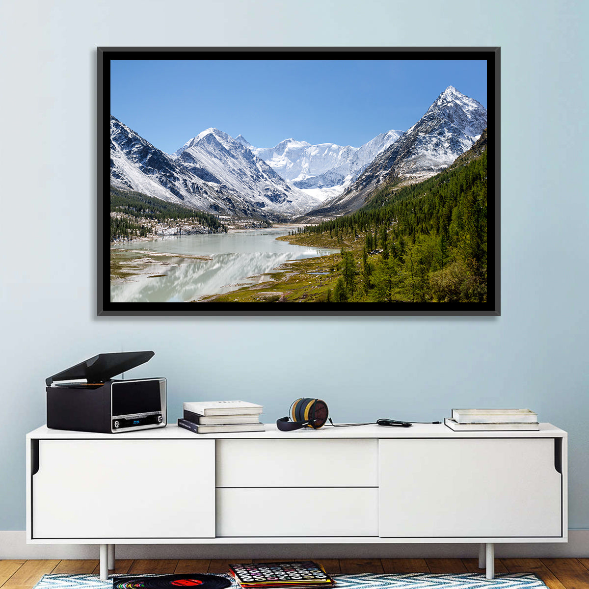 Akkem Lake Reflection Wall Art in a room, landscape
