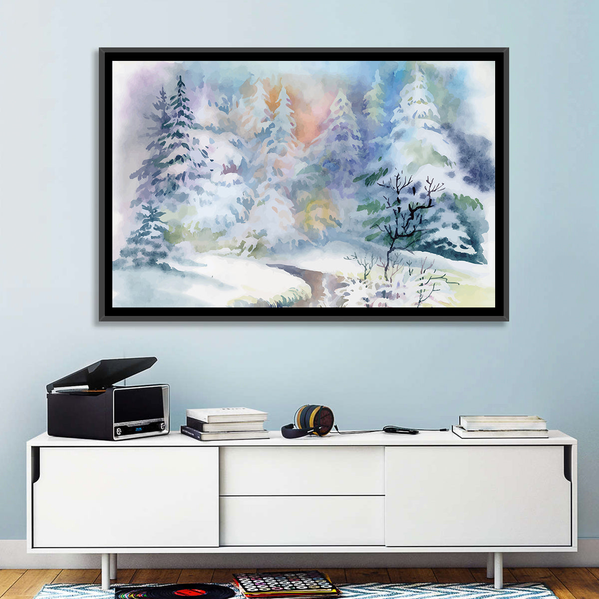 Winding Winter Stream Watercolor Wall Art in a room, landscape