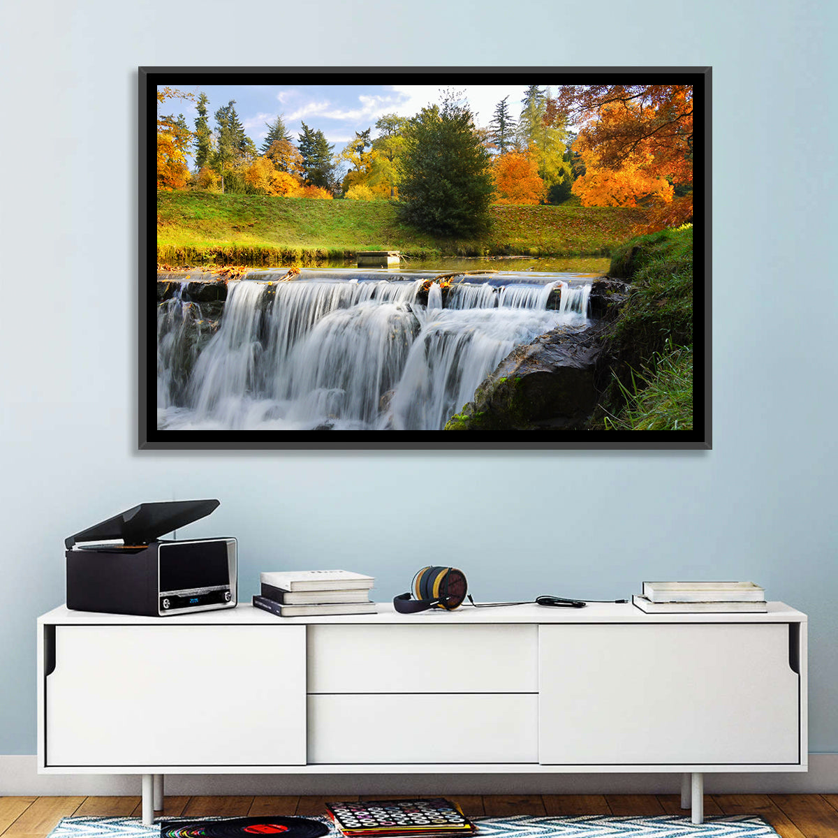 Autumn Forest Waterfall Wall Art in a room, landscape