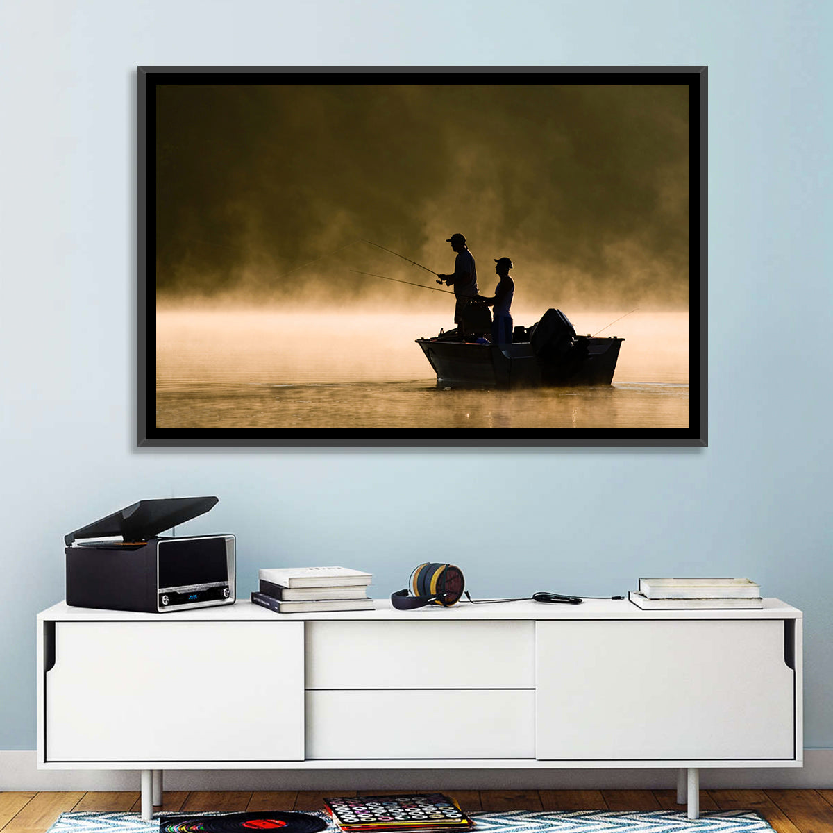 Misty Lake Fishing Wall Art in a room, landscape