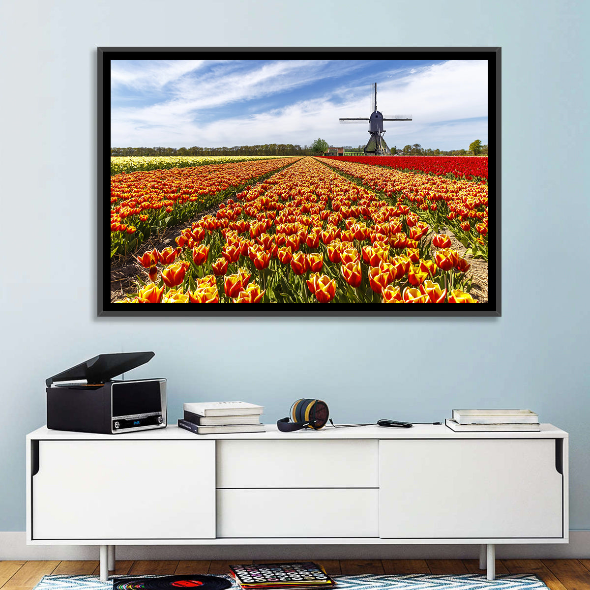 Windmill Over Tulip Fields Wall Art in a room, landscape