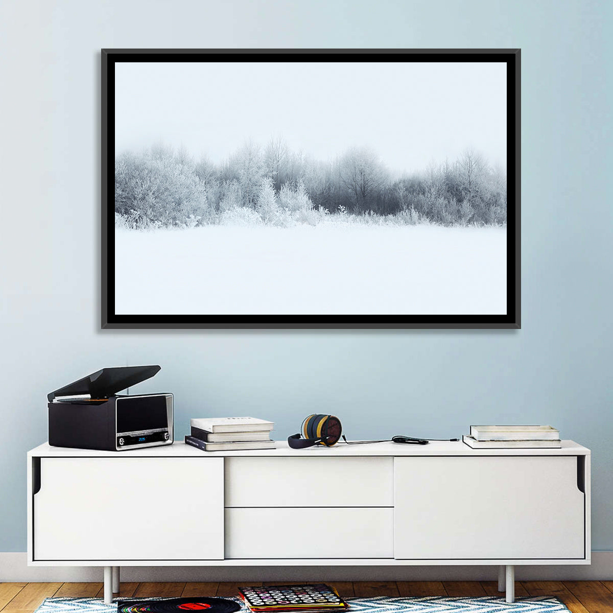 Frosted Winter Forest Wall Art in a room, landscape
