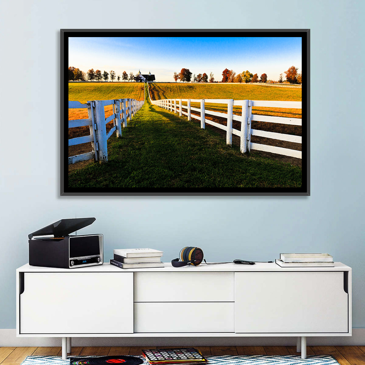 Kentucky Horse Farm at Golden Hour Wall Art in a room, landscape
