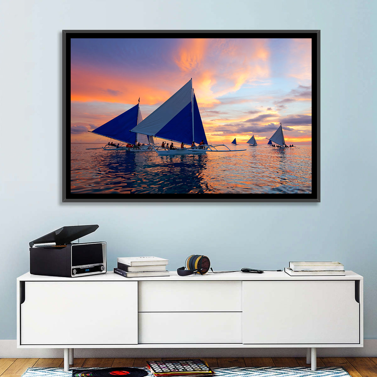 Outrigger Sailboats at Sunset Wall Art
