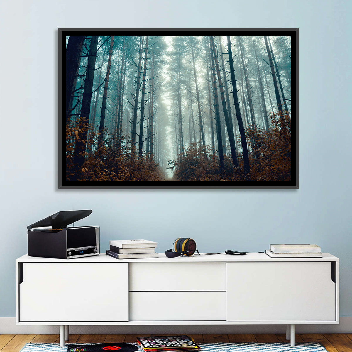 Misty Pine Forest Wall Art in a room, landscape