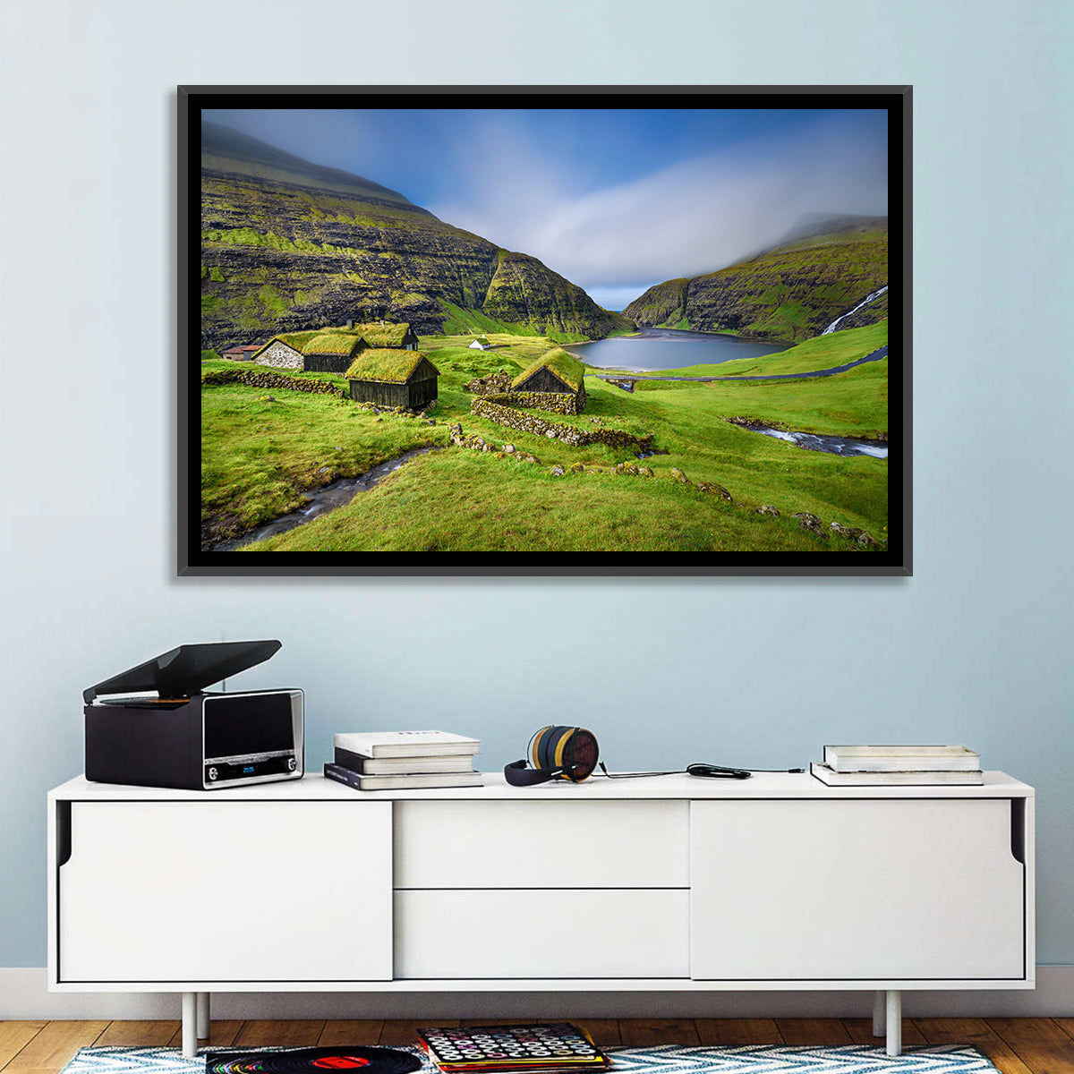 Saksun Turf Roof Cabins Wall Art in a room, landscape
