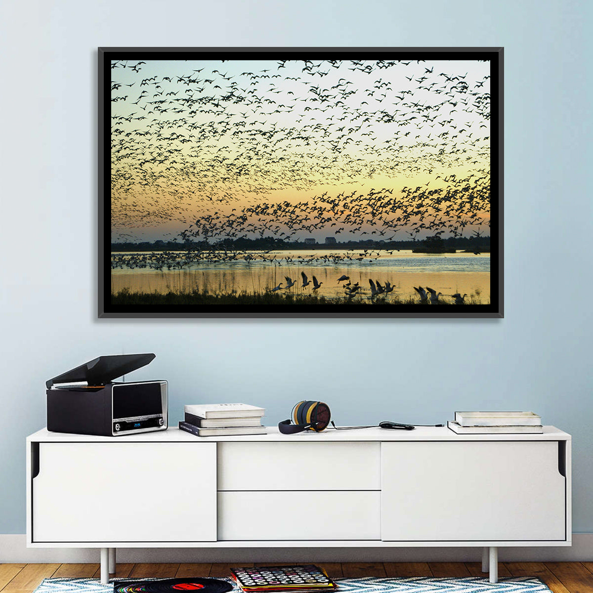 Snow Geese Over River Wall Art in a room, landscape