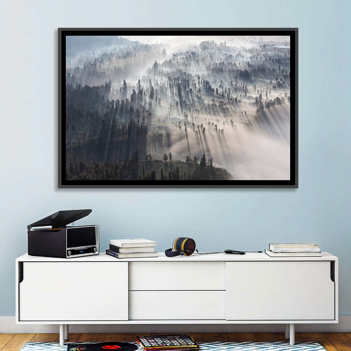 Misty Forest Sunrise Wall Art in a room, landscape