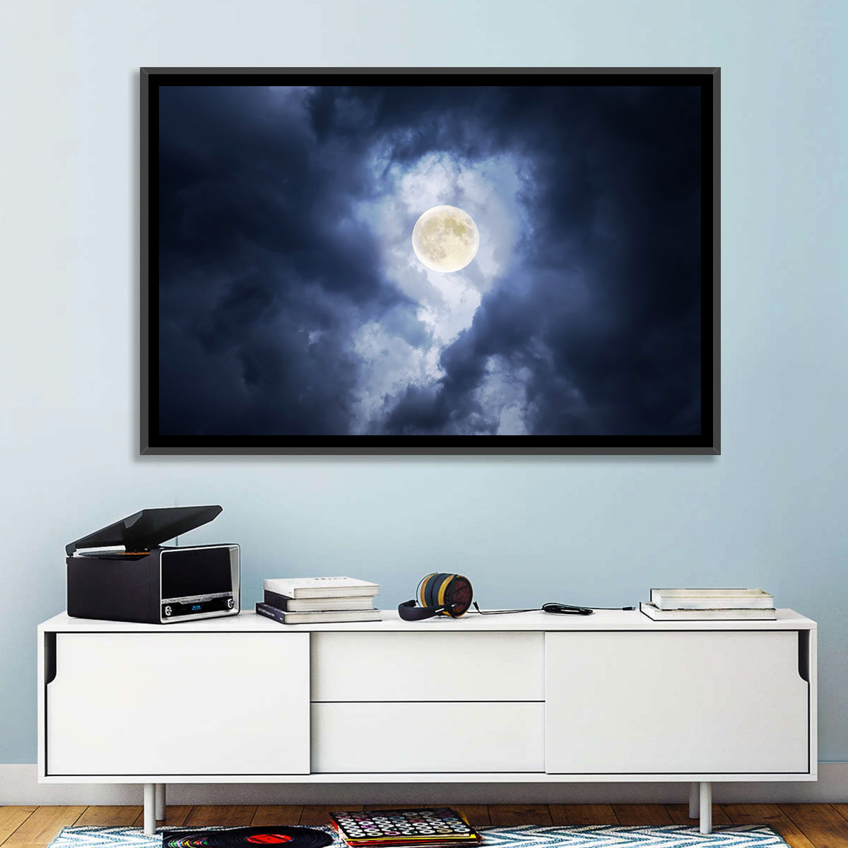 Supermoon Through Storm Clouds Wall Art in a room, landscape